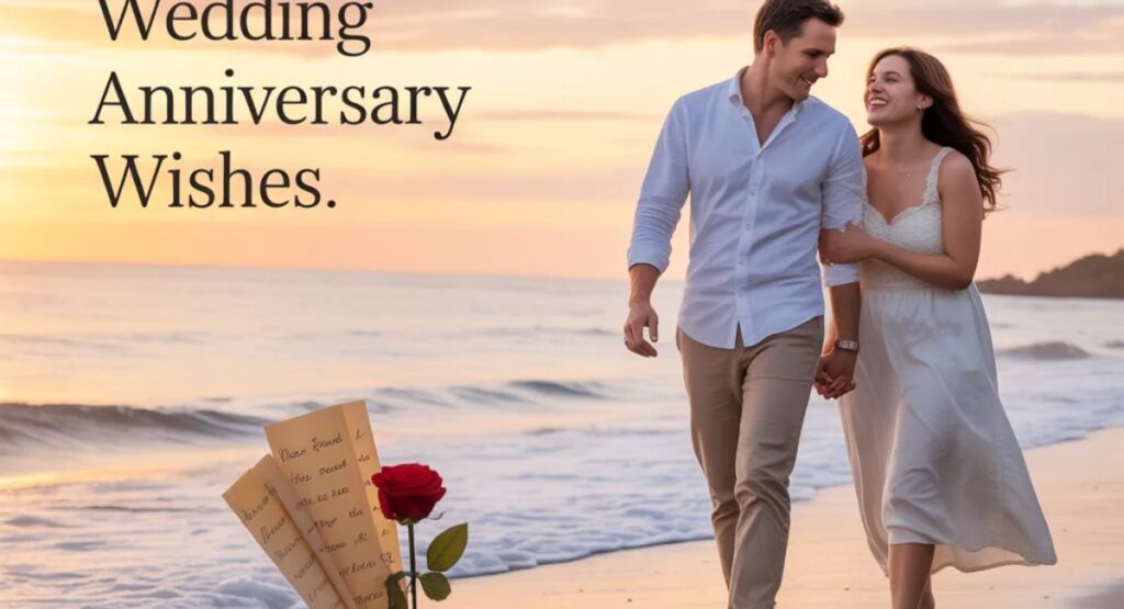 Romantic wedding anniversary wishes represented by a loving couple walking together at sunset on a peaceful beach.