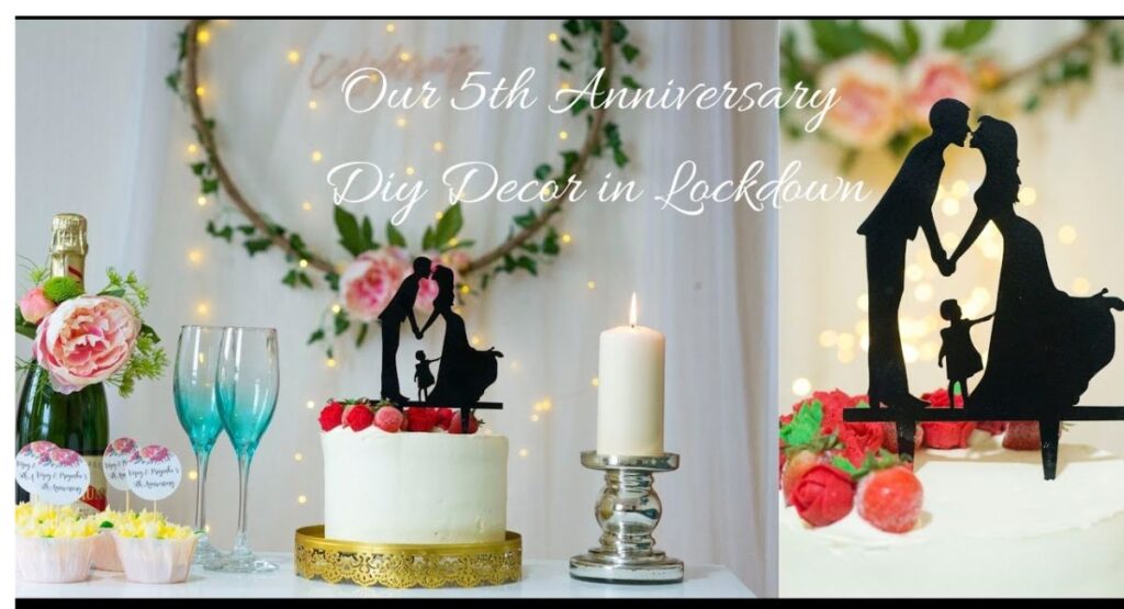 Funny wedding anniversary wishes shown by a happy couple laughing together while decorating an anniversary cake