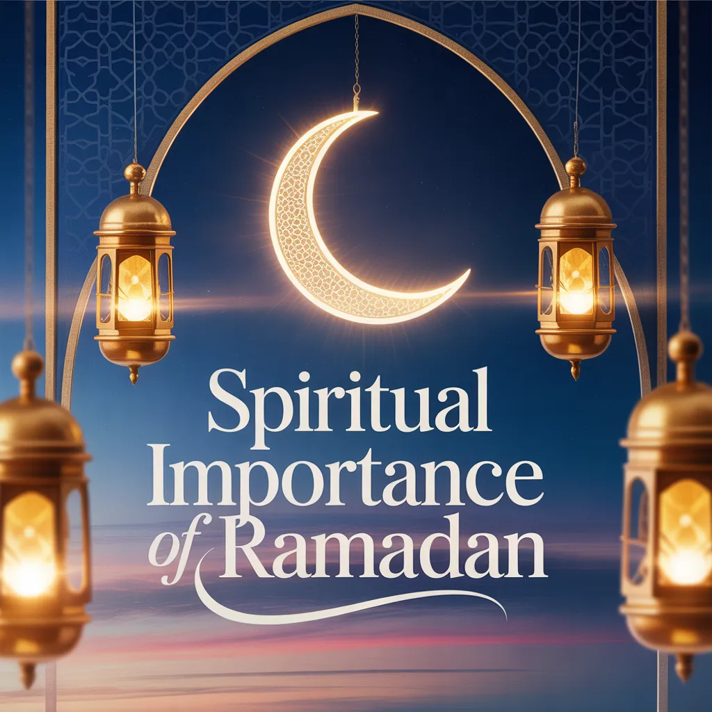 Spiritual Importance of Ramadan with crescent moon and lantern Islamic background in blue and gold theme