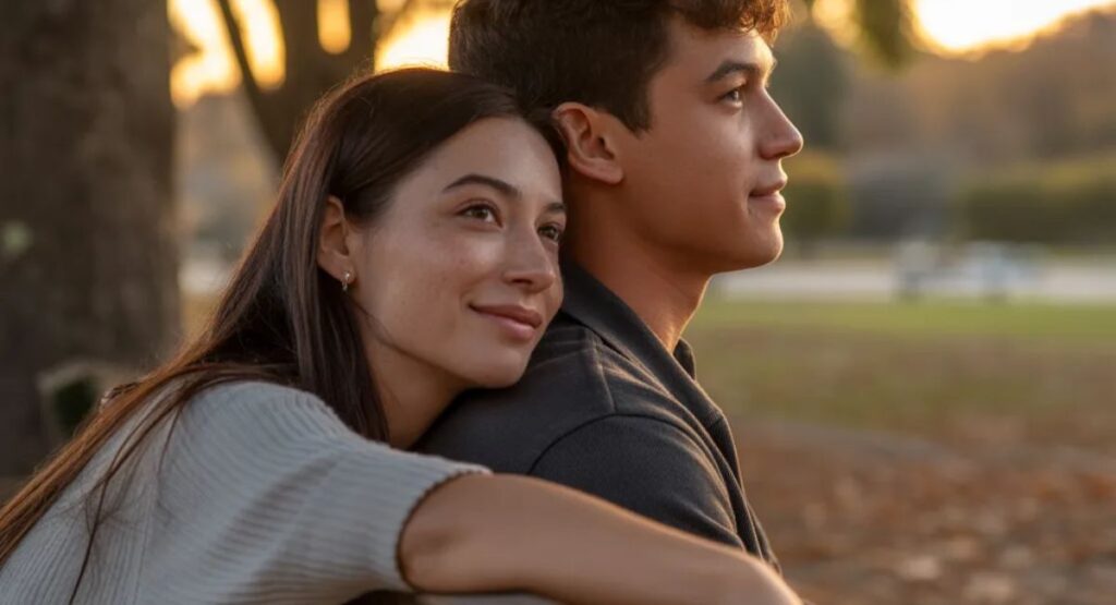 Romantic couple banner with elegant text “Where Love Meets Meaning” in soft sunset background, natural aesthetic design for Instagram love captions