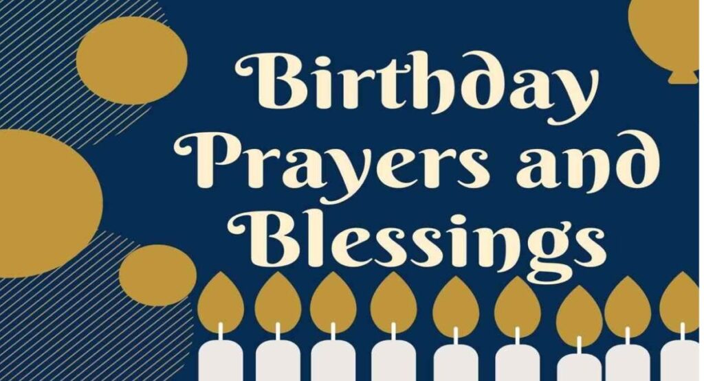 Blessing birthday wishes banner with family and friends, cake, candles, warm celebration background