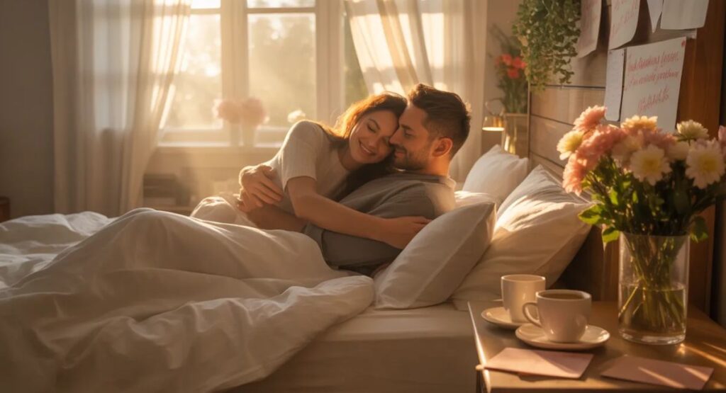A cute romantic couple smiling together, sharing a sweet moment filled with love, soft lighting, and a cozy vibe perfect for Instagram.