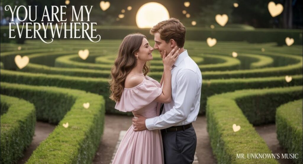 Heartfelt and emotional wedding or anniversary wishes shown by a loving couple sharing a handwritten card and a red rose in a warm, sunny garden