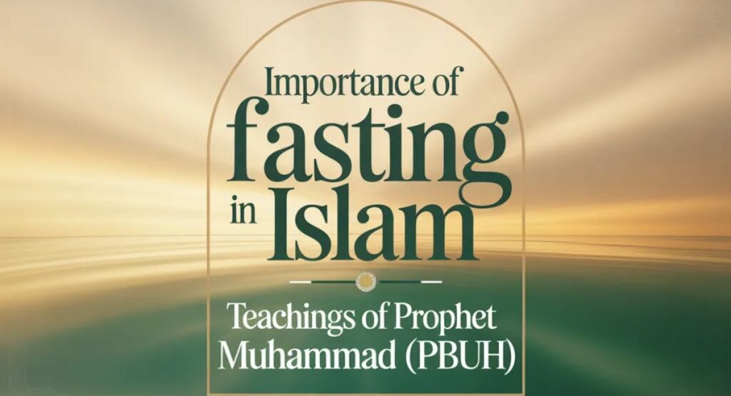 Importance of fasting in Islam with emerald green Islamic arch design and spiritual sunrise background