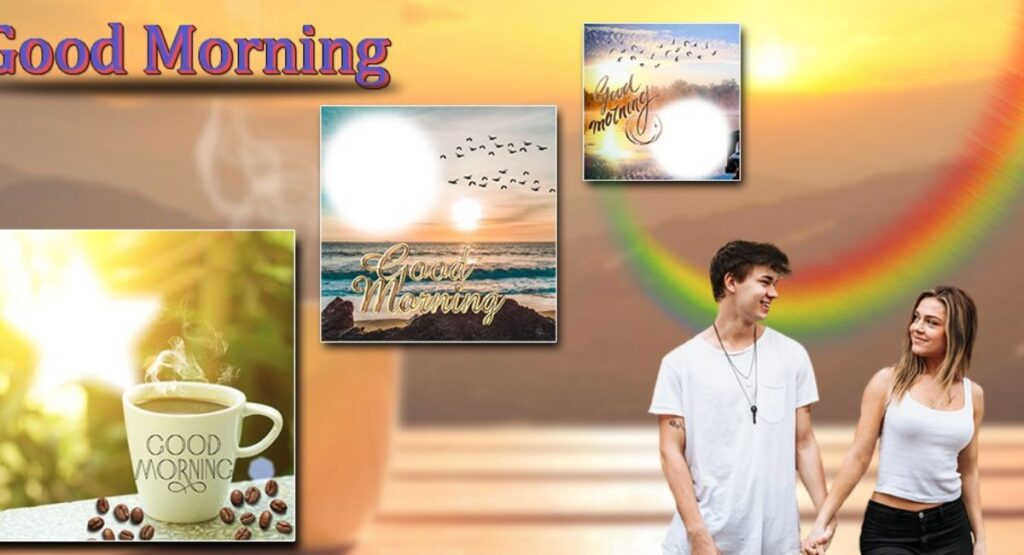 Different types of good morning wishes—funny, inspirational, and loving—shown through happy people sending messages during sunrise