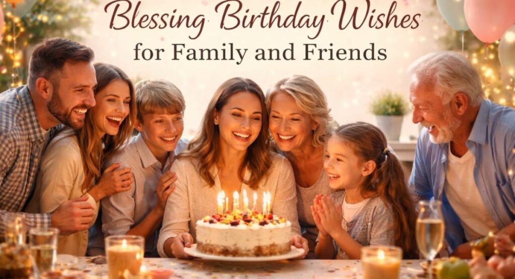 Blessing birthday wishes banner with family and friends, cake, candles, warm celebration background