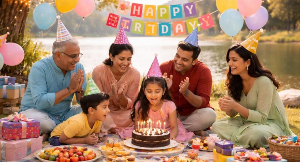 Blessing birthday wishes banner with family and friends, cake, candles, warm celebration background