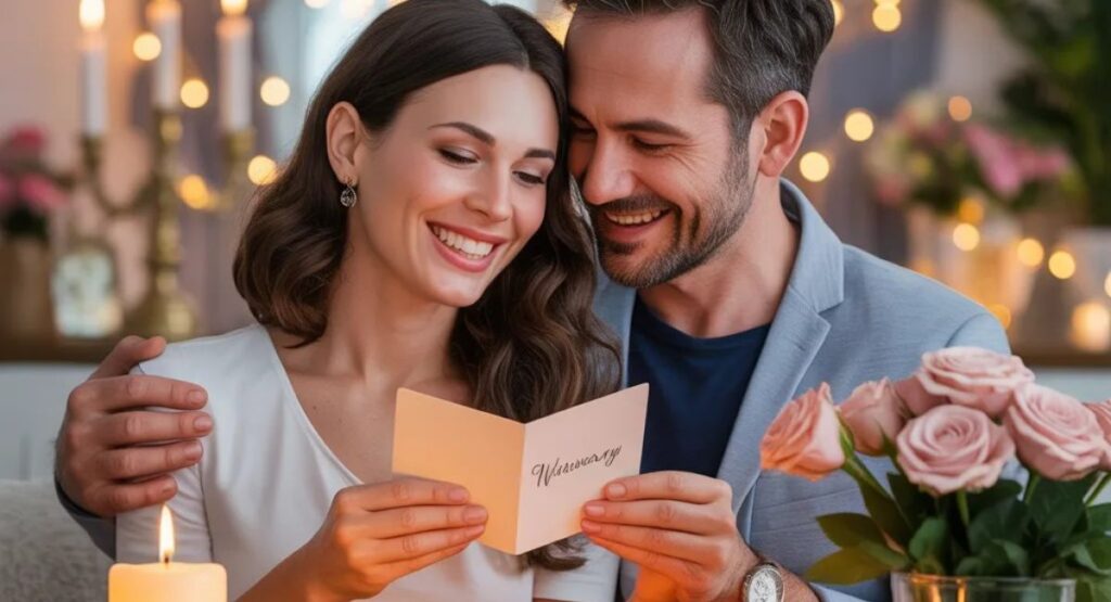 Loving couple celebrating wedding anniversary with heartfelt wishes, flowers, and romantic atmosphere showing why anniversary wishes matter in relationships.